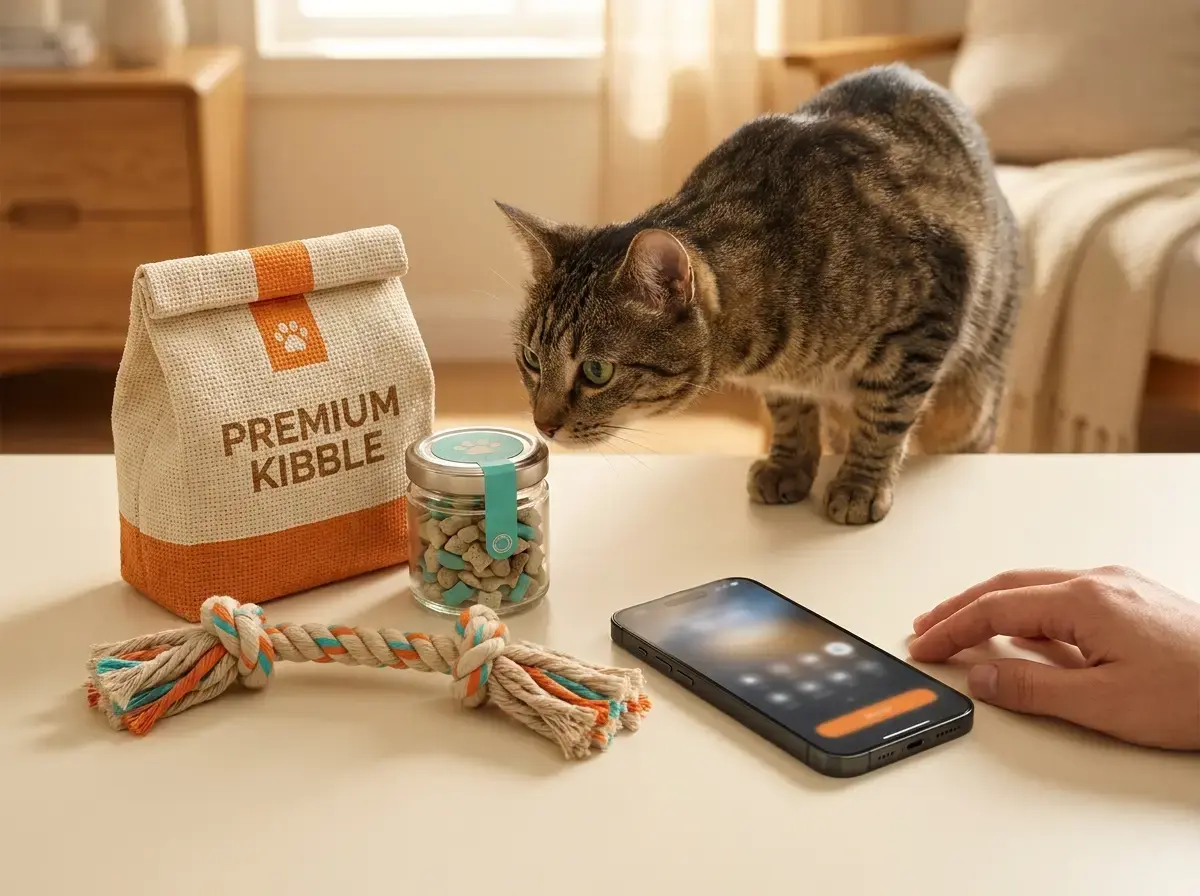 A tabby cat sniffing a bag of kibble next to a phone showing the app